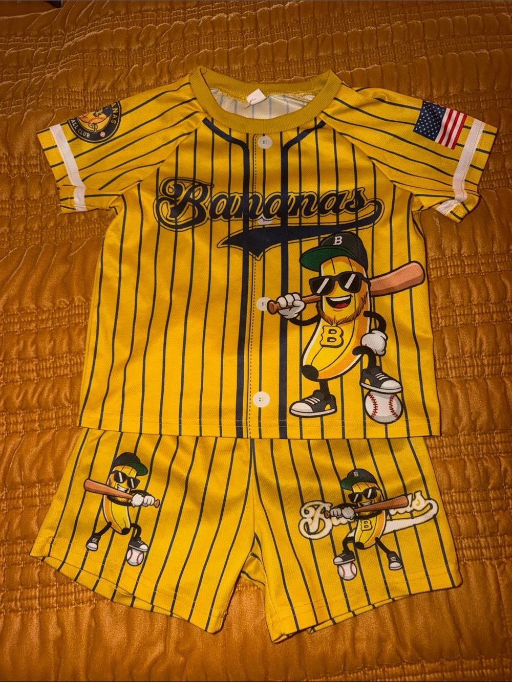 Amazon Yellow & Navy Boys' 'Bananas' Baseball Tee and Shorts Set